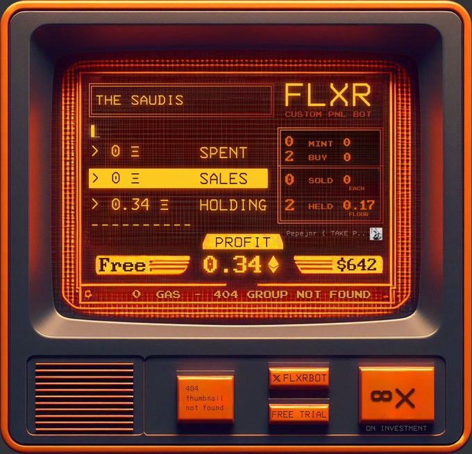 A retro CRT monitor display showing an FLXR NFT trading bot interface with profit details of 0.34Ξ ($642) for "THE SAUDIS" NFT collection, alongside physical buttons labeled "404 thumbnail not found" and "FLXRBDOT," humorously illustrating the bot's automated sniping success referenced in the tweet about sweeping two NFTs at .029Ξ after the Saudis announcement.