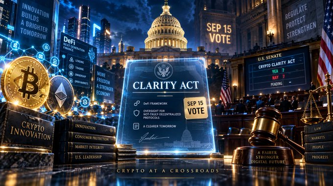 A digital illustration titled 'CRYPTO AT A CROSSROADS' featuring the CLARITY ACT document with a 'SEP 15 VOTE' label, alongside Bitcoin and Ethereum symbols, a gavel, and the U.S. Capitol building.