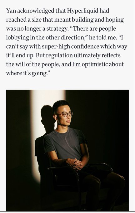 A portrait of Justin Yan seated in a chair against a dark background, accompanied by text about Hyperliquid's regulatory strategy and his optimistic outlook on industry direction.