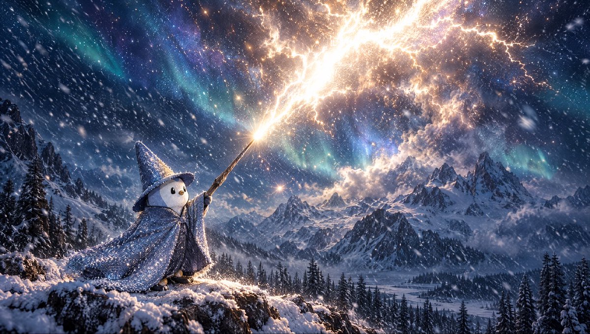 A whimsical digital artwork showing a small penguin-like creature in a wizard hat and cloak casting a brilliant beam of magical lightning into a starry, aurora-filled sky above a snowy mountain landscape.