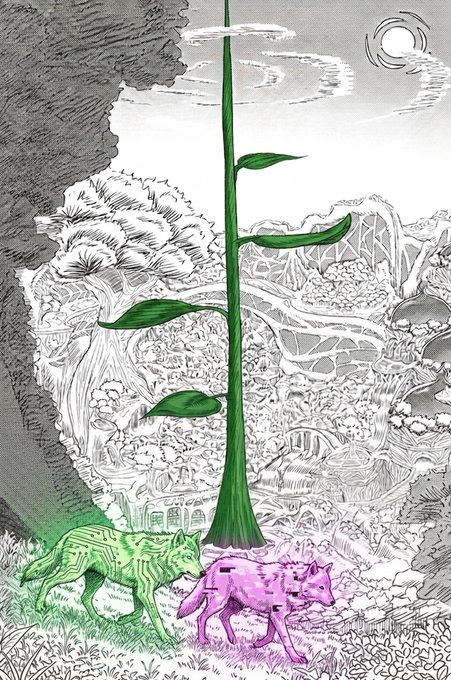 A surreal illustration shows a tall green plant with leaves emerging between a pink wolf and a green wolf at its base, set against a detailed grayscale fantasy landscape with swirling clouds and celestial bodies. The image's juxtaposition of vibrant wolves and a flourishing plant amid a monochromatic backdrop visually echoes the post's bullish framing of the $PACK token as a growing, untamed force in the RWA/memecoin space.
