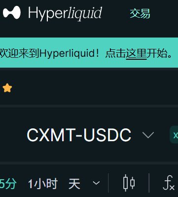 A screenshot of the Hyperliquid crypto trading interface in Chinese, showing a welcome message and a trading pair selector for 'CXMT-USDC' with a 1-hour timeframe option.