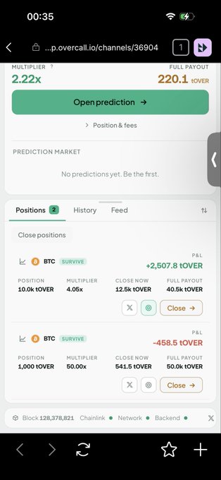 A mobile screenshot of a prediction market platform showing a 2.22x multiplier, 220.1 tOVER full payout, and two active BTC positions totaling 11.0k tOVER.