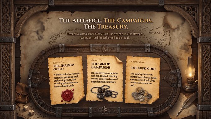 A medieval-themed graphic titled 'The Alliance. The Campaigns. The Treasury' describing three pillars of a fictional Shadow Guild with parchment-styled descriptions for 'The Shadow Guild', 'The Grand Campaigns', and 'The Susd Coin'.