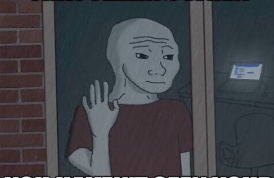 Wojak-style meme illustration of a bald figure in a maroon shirt waving, with partially obscured text at the bottom.