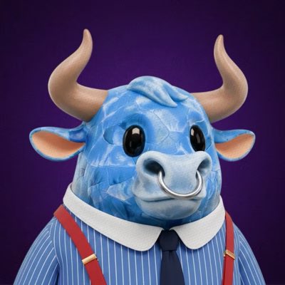 A 3D-rendered blue bull character with a nose ring, horns, and a low-poly textured head, wearing a blue striped shirt with a white collar, red suspenders, and a black tie, against a dark purple background.