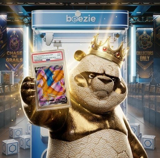 An AI-generated advertisement featuring a crowned gorilla holding a graded Pokémon card, displayed in a 'beezie' branded collectibles booth with signs reading 'CHASE THE GRAILS' and 'COLLECTORS ONLY.'