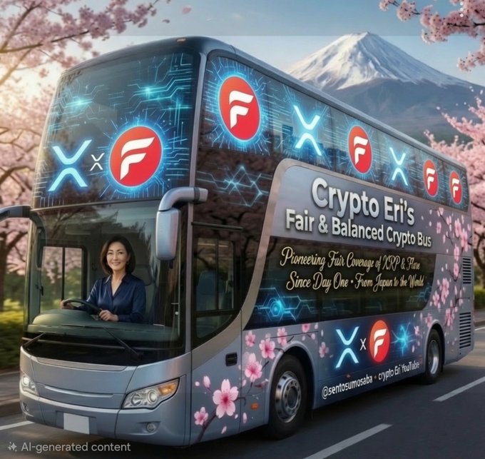 AI-generated promotional image of a double-decker bus covered in XRP (X) and Flare (F) logos, driven by a smiling woman, with text reading 'Crypto Eri's Fair & Balanced Crypto Bus – Pioneering Fair Coverage of XRP & Flare Since Day One · From Japan to the World' and Mt. Fuji in the background.