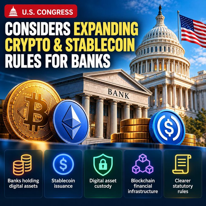 A graphic with text 'U.S. CONGRESS CONSIDERS EXPANDING CRYPTO & STABLECOIN RULES FOR BANKS' showing the U.S. Capitol, American flag, Bitcoin and Ethereum coins, and icons for banks holding digital assets, stablecoin issuance, digital asset custody, blockchain financial infrastructure, and clearer statutory rules.