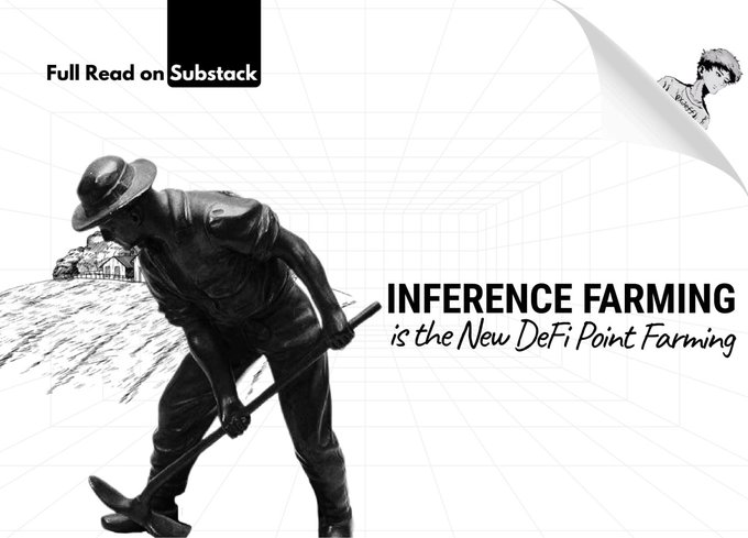 A black-and-white graphic features a statue of a farmer working with a hoe, overlaid with the bold text "INFERENCE FARMING is the New DeFi Point Farming," along with a "Full Read on Substack" badge and a small character illustration in the corner. The image visually reinforces the post's theme by drawing a parallel between traditional farming and the new "farming" of AI inference rewards using idle GPUs, mirroring the historical shift from DeFi point farming to decentralized AI networks.