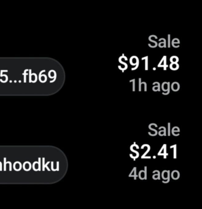 Close-up of OpenSea sale history showing a recent Sale for $91.48 (1h ago) and an older Sale for $2.41 (4d ago) for items with truncated names ending in '5...fb69' and 'nhoodku'.
