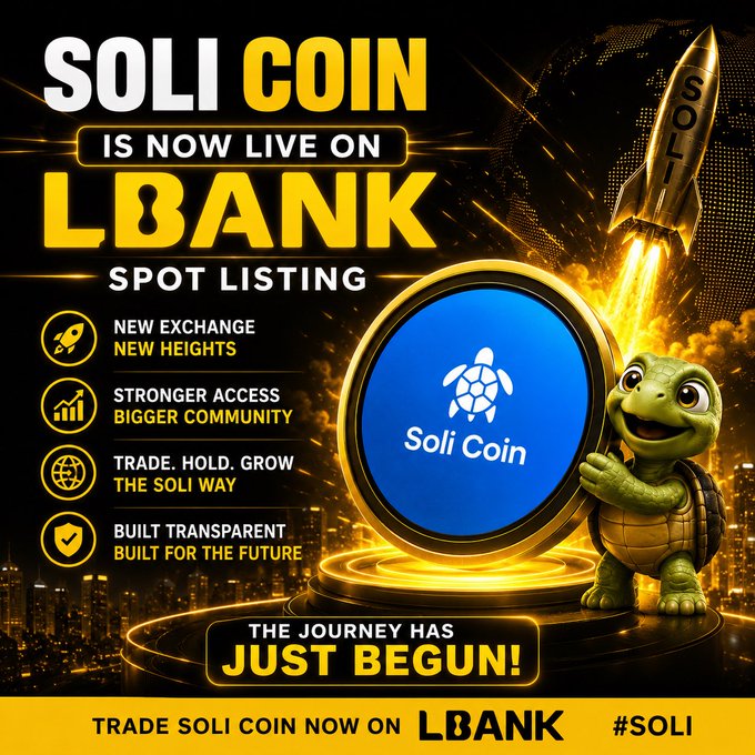 An advertisement announces 'SOLI COIN IS NOW LIVE ON LBANK SPOT LISTING,' featuring a cartoon turtle holding a Soli Coin medallion alongside a rocket launching, with the tagline 'THE JOURNEY HAS JUST BEGUN!'