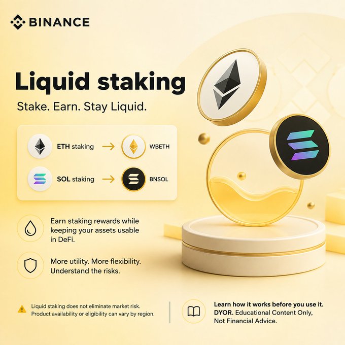 A Binance "Liquid Staking" advertisement featuring Ethereum (ETH) and Solana (SOL) coins, showing how staking ETH yields WBETH and staking SOL yields BNSOL, with the tagline "Stake. Earn. Stay Liquid." and notes on earning rewards while keeping assets usable in DeFi. The image visually supports the post by illustrating Binance's liquid staking solutions that allow users to earn network rewards without sacrificing asset liquidity.