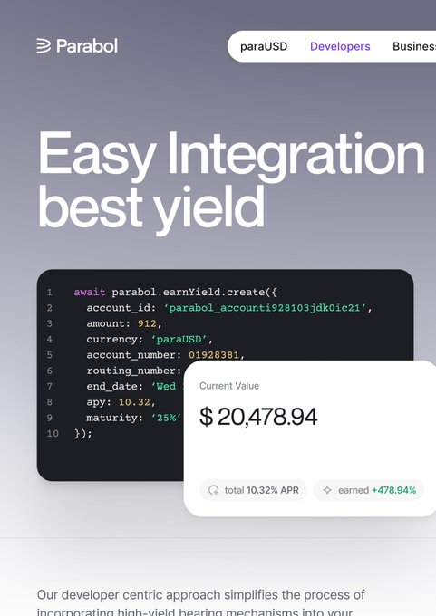 A Parabol webpage screenshot with the headline 'Easy Integration best yield', showing code and a 'Current Value' of $20,478.94.