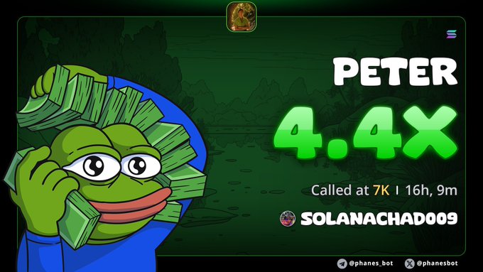 A green graphic showing a cartoon Pepe the Frog character holding money, advertising a 'PETER' token at '4.4x' called by 'SOLANACHAD009'.