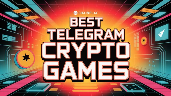 A neon-styled Chainplay graphic titled 'BEST TELEGRAM CRYPTO GAMES' with a retro-futuristic corridor background.