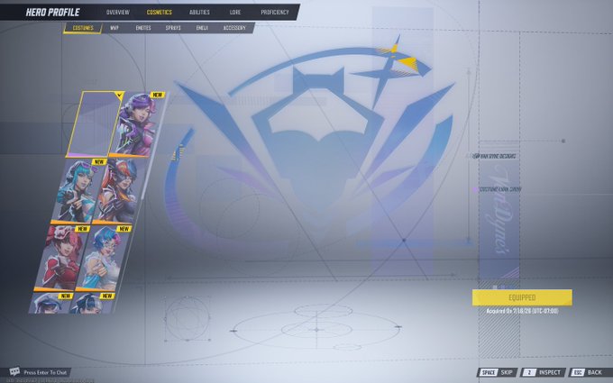 This image shows the "Hero Profile" screen, specifically the "Costumes" tab with several new outfits available, likely referencing the "Luna legendary" mentioned in your post. The "Equipped" section shows the item was acquired on 02/16/20 at 01:00 UTC, confirming a wait for new legendary items.
