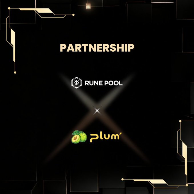 The image features a black background with white text that reads "Partnership" at the top, followed by "Rune Pool" and "Plum" below it. The text also includes an image of a plum fruit. Below this, there is another image featuring a yellow x on a black background.