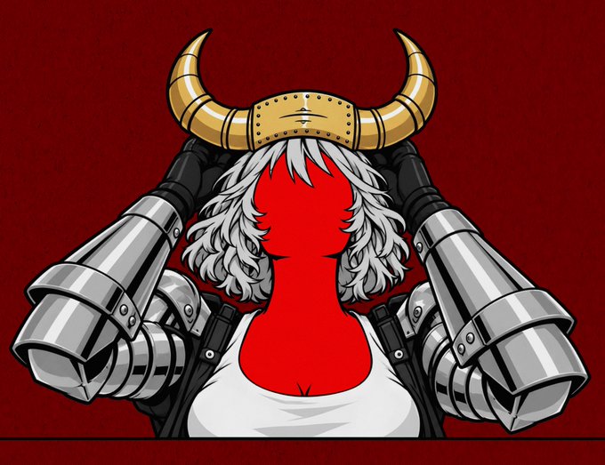 Anime-style illustration of a female character wearing a horned viking helmet and white tank top, equipped with massive mechanical gun arms, set against a dark red patterned background.