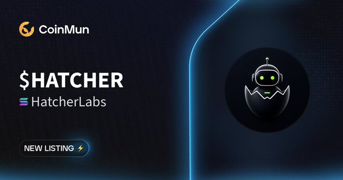 The image features a black background with a white, robot-like figure placed centrally. The text in the image reads "New listing @HatcherLabs $HATCHER HatcherLabs CoinMun" which refers to a new listing for the currency 'bitcoin' on the CoinMun platform.