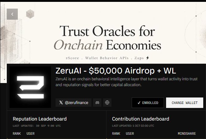 A web interface for ZeruAI showing a $50,000 Airdrop + Whitelist promotion for an onchain behavioral intelligence layer that analyzes wallet activity, with leaderboards and an 'Enrolled' status indicator.