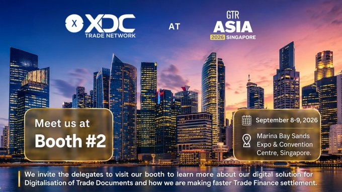 A promotional banner for XDC Trade Network at GTR Asia 2026 in Singapore, inviting attendees to visit Booth #2 at the Marina Bay Sands Expo & Convention Centre from September 8-9, 2026.