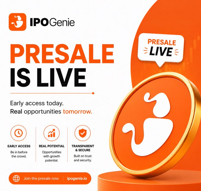 An advertisement for IPOGenie announcing 'PRESALE IS LIVE', highlighting early access, real potential, and transparent & secure features on the website ipogenie.io.