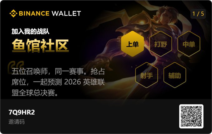 The image is a Binance Wallet promotional card (slide 1 of 5) inviting users to join the "鱼馆社区" (Fish Guild Community) League of Legends prediction event, featuring five hexagonal role icons (上单, 打野, 中单, 射手, 辅助) and the invitation code **7Q9HR2**, supporting the post's announcement of the Binance Wallet League of Legends S16 Legendary Rally Prediction Event starting October 16th.