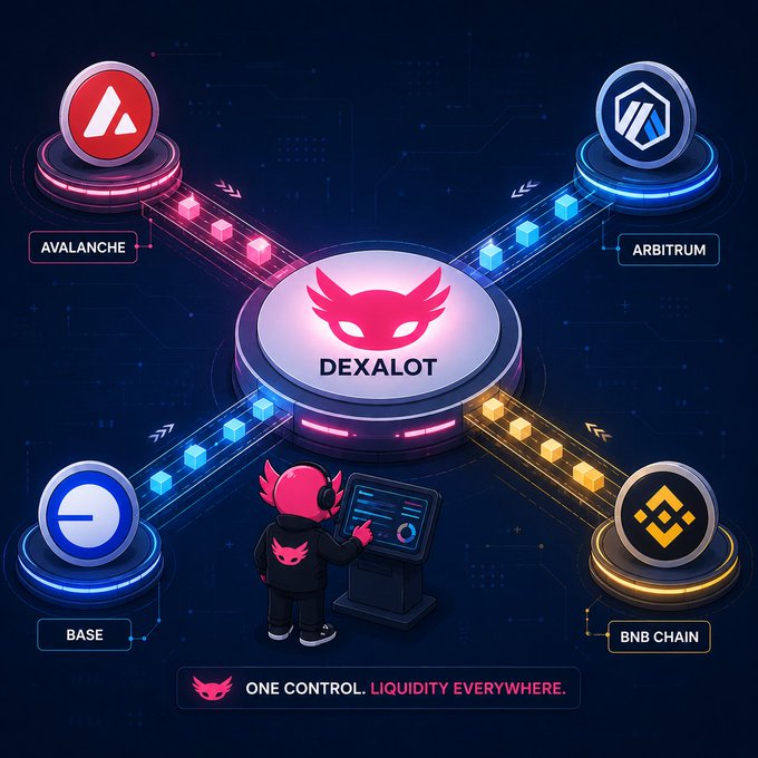DEXALOT promotional graphic showing cross-chain connectivity between Avalanche, Arbitrum, Base, and BNB Chain with the tagline 'ONE CONTROL. LIQUIDITY EVERYWHERE.'