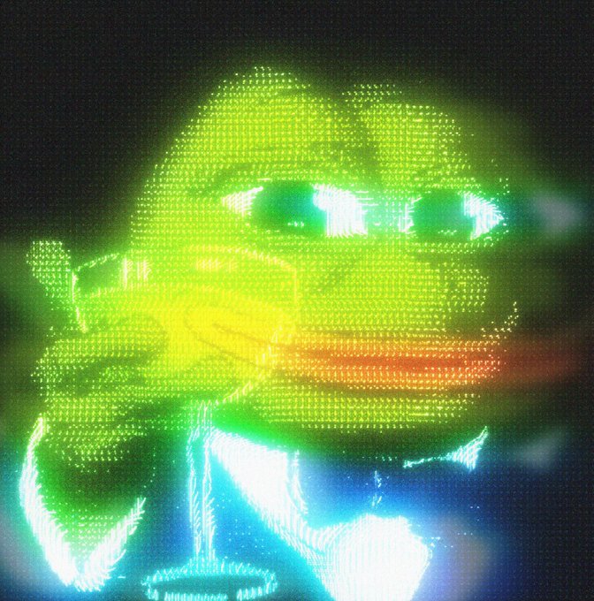A heavily glitched, psychedelic image shows a face obscured by pixelated green, yellow, and blue light streaks and digital artifacts.
