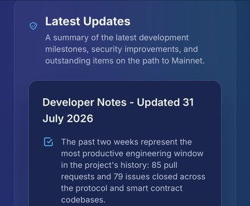 A 'Latest Updates' developer notes section dated July 31, 2026, noting the past two weeks as the most productive engineering window with 85 pull requests and 79 issues closed.