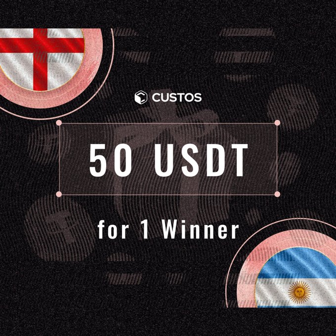 A promotional graphic for a Custos giveaway featuring the flags of England and Argentina on a black background, with bold text announcing "50 USDT for 1 Winner." The image visually represents the World Cup matchup referenced in the post, inviting followers to predict the winning team for a chance at the prize.