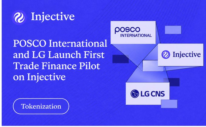 The image is a promotional graphic for Injective featuring its logo alongside logos for POSCO International, LG CNS, and Injective, with the headline "POSCO International and LG Launch First Trade Finance Pilot on Injective" and a "Tokenization" label, illustrating the post's announcement that South Korea's POSCO International and LG CNS have launched the first trade finance pilot on Injective's platform.