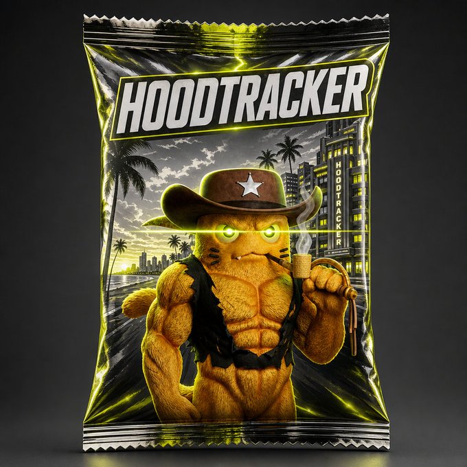 A stylized snack bag labeled 'HOODTRACKER' featuring a muscular anthropomorphic yellow cat character wearing a cowboy hat with a star, smoking a pipe, with glowing green eyes, set against a cityscape backdrop.