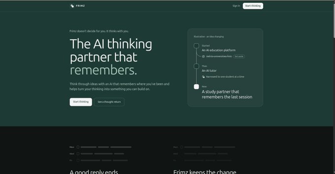 The image shows the Frimz website homepage featuring the headline "The AI thinking partner that remembers" alongside a product screenshot displaying a "Realization - an idea changing" timeline with entries like "Started: An AI education platform" and "Then: An AI tutor," which visually illustrates the app's session memory capability described in the post.