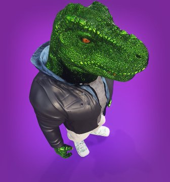 A 3D digital artwork features a humanoid figure wearing a black leather jacket and white sneakers, but with a sparkly green dinosaur head, set against a solid purple background.