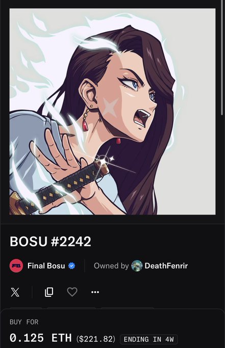 An NFT listing for 'BOSU #2242' featuring an anime-style female character wielding a glowing sword, with a Final Bosu collection badge, owned by DeathFenrir, priced at 0.125 ETH ($221.82) with 4 weeks remaining.