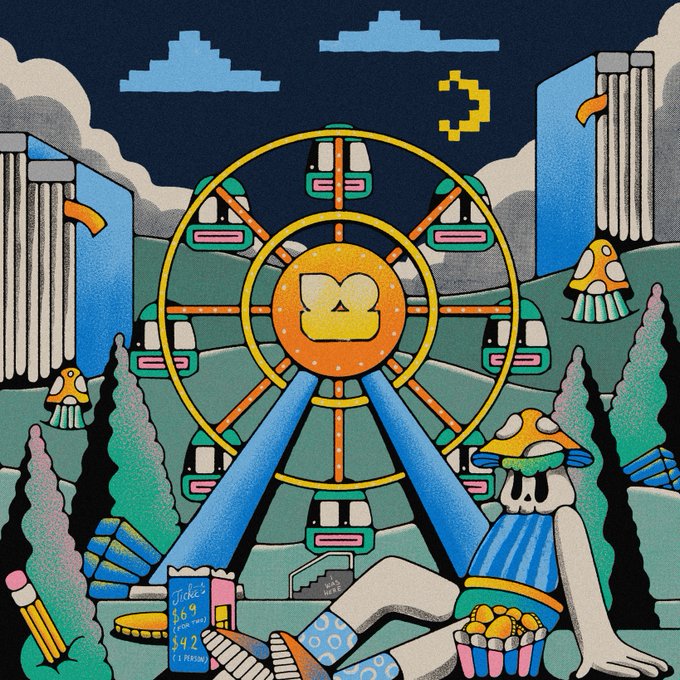 A vibrant pixel art illustration depicts a colorful Ferris wheel with a yellow character face at its center, surrounded by a whimsical landscape featuring mushrooms, clouds, and what appears to be a figure holding snacks.