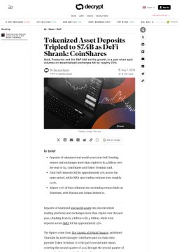 A Decrypt news article titled 'Tokenized Asset Deposits Tripled to 27.65B in DeFi, Shrank: CoinShares' by Andre Francois, accompanied by an image of cryptocurrency tokens.