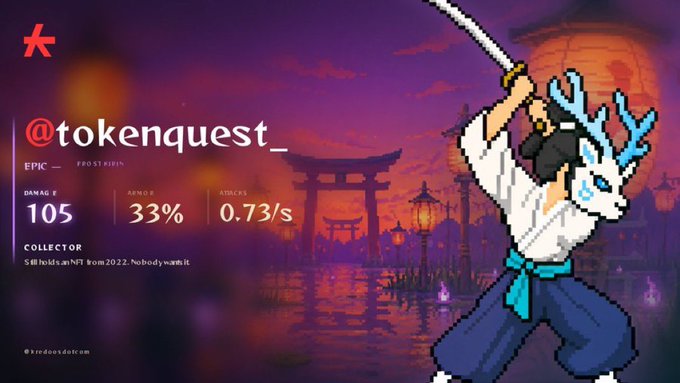 A pixel-art NFT character holding a katana against a Japanese torii gate sunset backdrop, labeled '@tokenquest_' with stats: Damage 105, Armor 33%, Attacks 0.73/s.