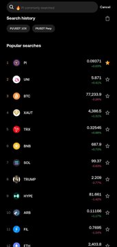 Crypto search history screen listing popular coins with prices: Pi 0.00373, UNI 5.872, BTC 77,233.1, SALT 4,580.5, TRX 0.20546, BNB 667.2, SOL 99.37, TRUMP 2.200, HYPE 81.561, ARB 0.11160, FIL 0.7609, ETH 2,403.8.