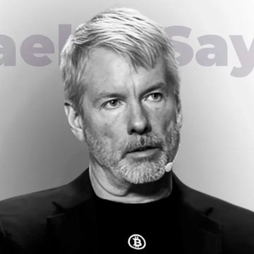 A black-and-white portrait of a man with short light hair and a beard appears behind a backdrop partially reading "...ae's Say," with a Bitcoin logo on his lapel, fitting the post about Strategy's Bitcoin purchase halt.