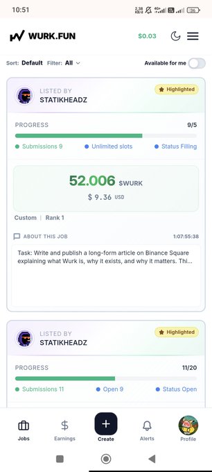 The image shows a smartphone screen displaying information about a microjob opportunity called @WURKDOTFUN, which stands for "work fun" and is available through the platform Solana. The user has already started working on this job, as indicated by the progress bar showing that they have completed 9 out of 10 tasks. The remaining task is to submit their payment using a wallet address or a bank transfer. The post also mentions that users can earn $WURKDOTFUN for completing any tasks and that there are profiles available for viewing.