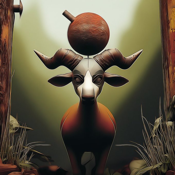 Digital art of a horned antelope or deer-like creature with a brown apple or fruit balanced on its head, standing in a shadowy, forested environment.