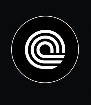 A black logo featuring a white circular emblem with an abstract, layered swirl design resembling stylized waves or concentric arcs inside a thin white ring.