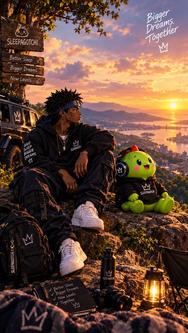 An illustrated promotional image features a man in a black 'Sleepagotchi' hoodie with crown logos sitting on a hill overlooking a sunset, accompanied by a green plush toy wearing headphones; text reads 'SLEEPAGOTCHI', 'Better Sleep, Bigger Dreams, New Levels', and 'Bigger Dreams Together'.