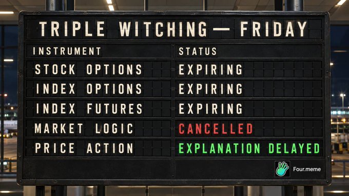 An airport-style flight board humorously displays "Triple Witching — Friday," listing stock options, index options, and index futures as "expiring," while "Market Logic" is shown in red as "CANCELLED" and "Price Action" in green as "EXPLANATION DELAYED"—visually capturing the meme's joke that on triple witching, even the pros can't explain what the market is doing.
