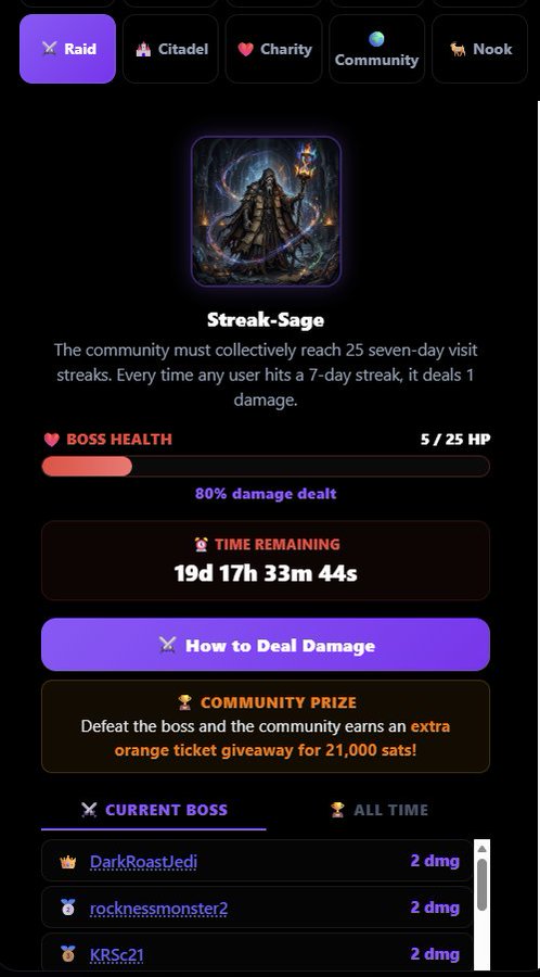 A community raid screen titled 'Streak-Sage' showing a boss health bar at 5/25 HP with 19d 17h 33m 44s remaining, listing top damage dealers like DarkRoastJedi and rocknessmonster2.