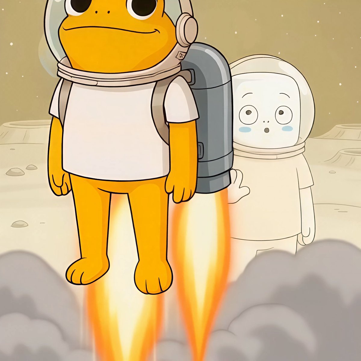 A cartoon illustration of two astronaut characters, an orange frog-like figure in the foreground with a jetpack lifting off with flames, and a smaller white character watching from behind on a lunar-like landscape.