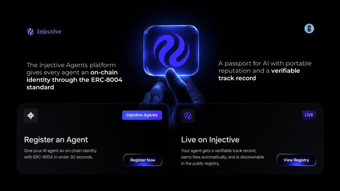 The image showcases the Injective Agents platform landing page, featuring the Injective logo and highlighting the "Register an Agent" service that grants AI agents an ERC-8004 on-chain identity in under 30 seconds, alongside a "Live on Injective" registry where agents can earn fees automatically.

The post emphasizes the platform's key benefits: 30-second agent registration, $0.01 transaction costs, and the ability to execute up to 40 orders—aligning with the image's promotion of portable reputation and verifiable track records for AI agents on Injective.